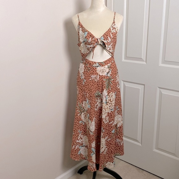 VICI Floral Tie Front Cutout Midi Dress Rust Multi Color Size M - Picture 2 of 14